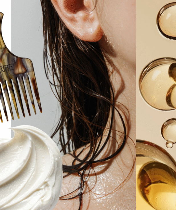 kollage med en kvinna med blött hår, en kamm, hårolja och en klick balsam.