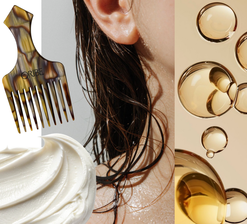 kollage med en kvinna med blött hår, en kamm, hårolja och en klick balsam.