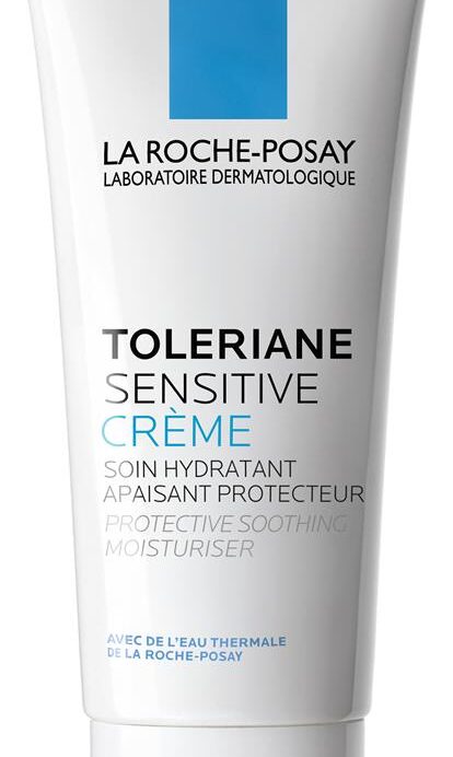 Vit tub med blå och vit text, Toleriane sensitive cream från La Roche Posey.