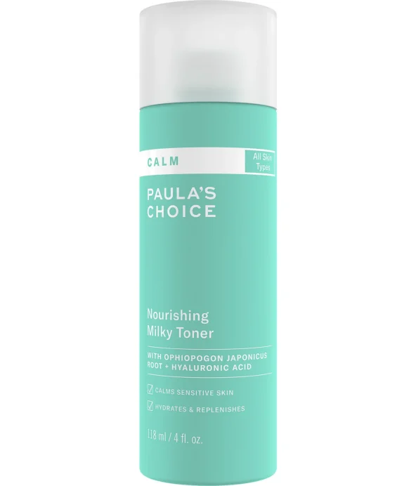 Turkos flaska med vit text. Paulas-Choice-Calm-Redness-Relief-Toner