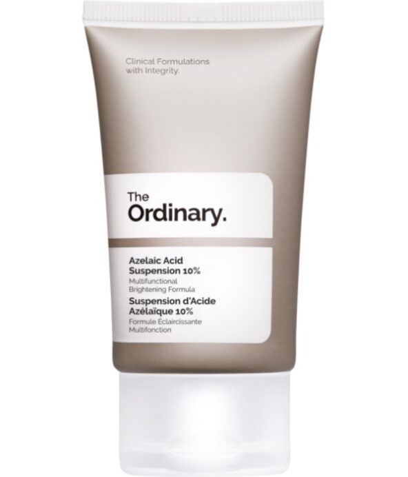 Beige tub med svart text. The Ordinary Azelaic Acid Suspension 10%