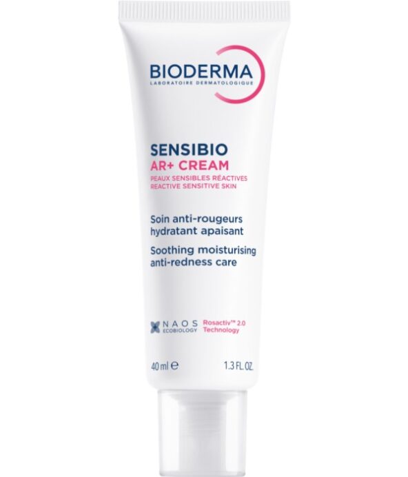 Vit tub med blå och rosa text från Bioderma. AR+ cream