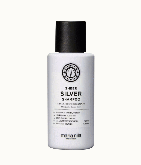 Maria Nila sprayflaska, vit med svart kort. Silver Shampoo