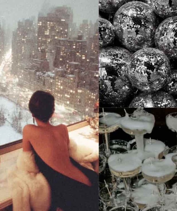 Kollage med festtema. En kvinna som tittar ut genom ett snöigt fönster i New York. Discolampor och ett champagnetorn .