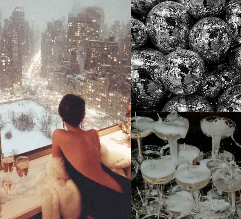 Kollage med festtema. En kvinna som tittar ut genom ett snöigt fönster i New York. Discolampor och ett champagnetorn .