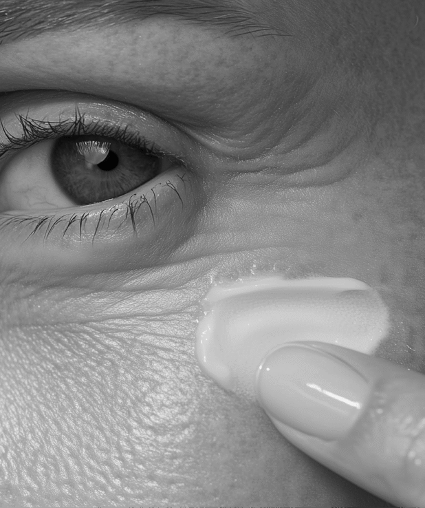 kvinna som smörjer in kräm under ögat, svartvit bild.