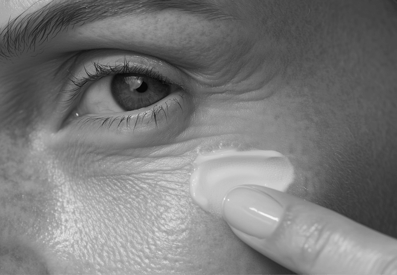 kvinna som smörjer in kräm under ögat, svartvit bild.