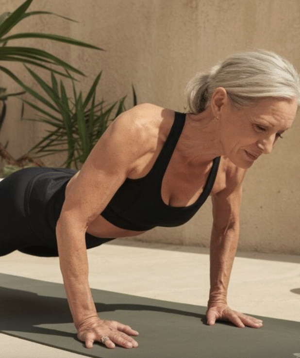 äldre kvinna som står i en planka och gör armhävning.