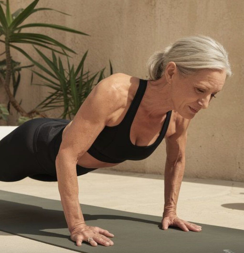 äldre kvinna som står i en planka och gör armhävning.