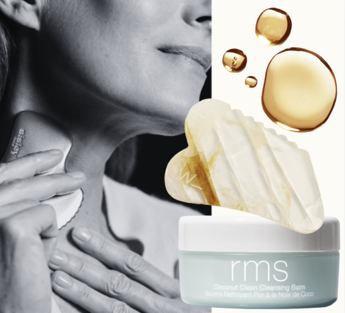 Kollage med gua sha och olja samt en svartvit bild på en kvinna som använder gua sha och gör massage på siog själv.