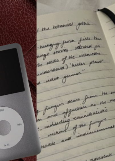 Kollage, ipod, hörlurar och anteckningsblock med penna.