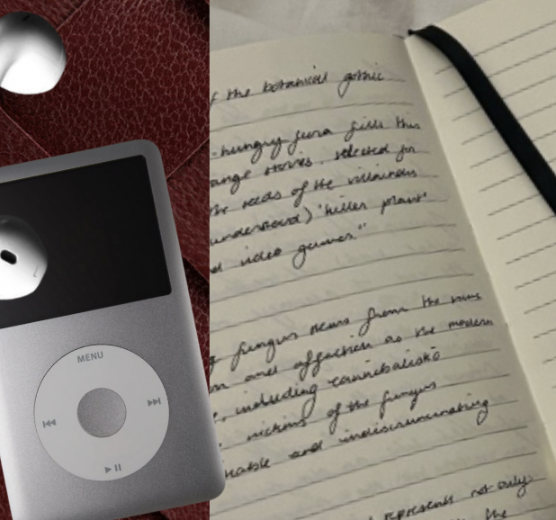 Kollage, ipod, hörlurar och anteckningsblock med penna.