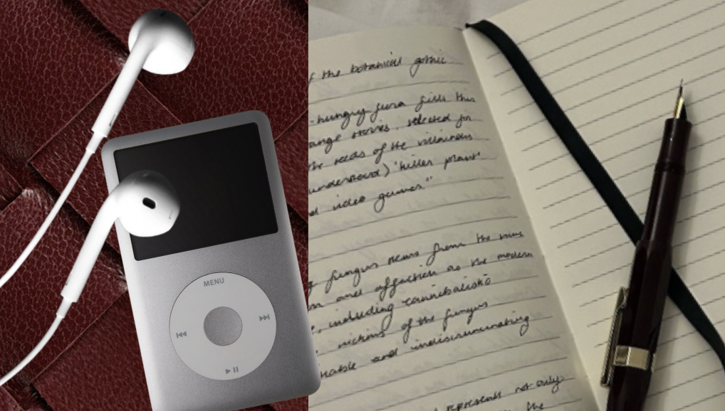 Kollage, ipod, hörlurar och anteckningsblock med penna.