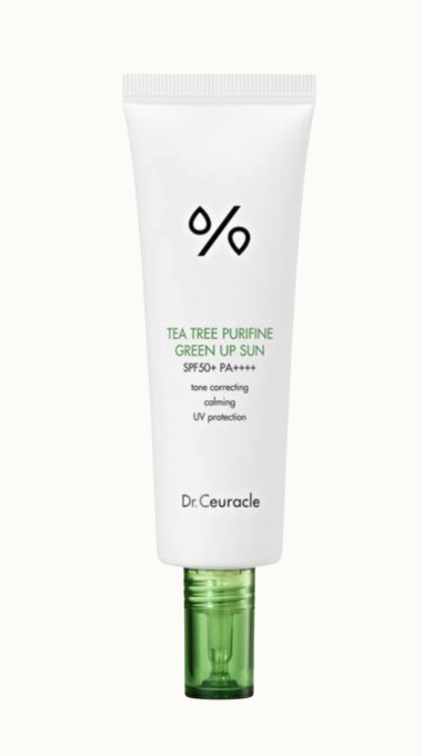 Vit tub med grön kork. Solkräm, Dr. Ceuracle, Tea Tree Purifine Green up sun