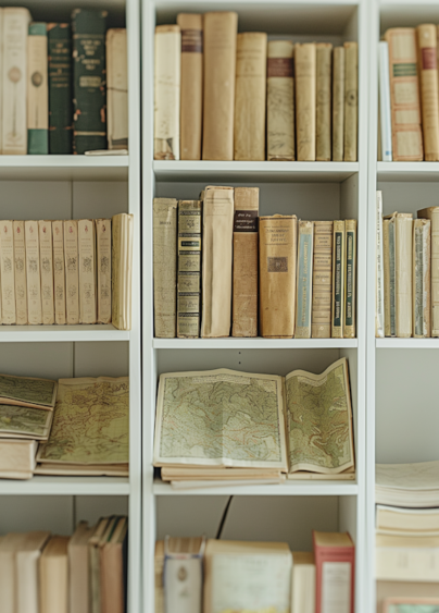 Bokhylla fylld med gamla böcker i ljusa toner