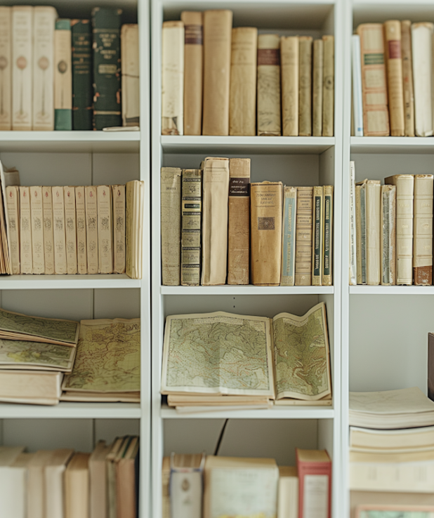 Bokhylla fylld med gamla böcker i ljusa toner