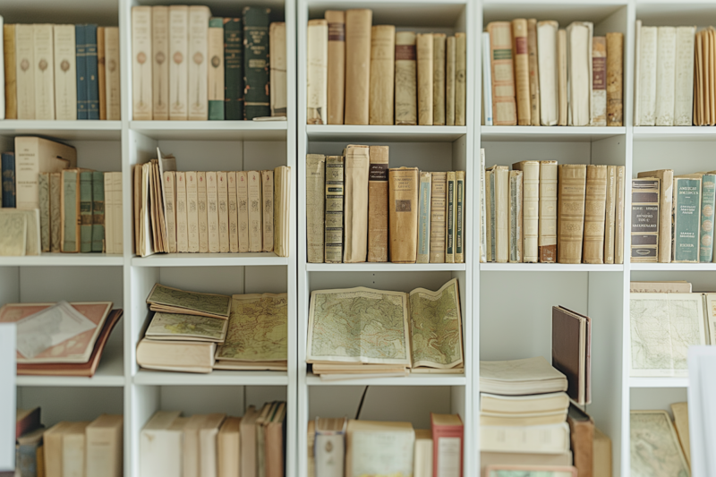 Bokhylla fylld med gamla böcker i ljusa toner