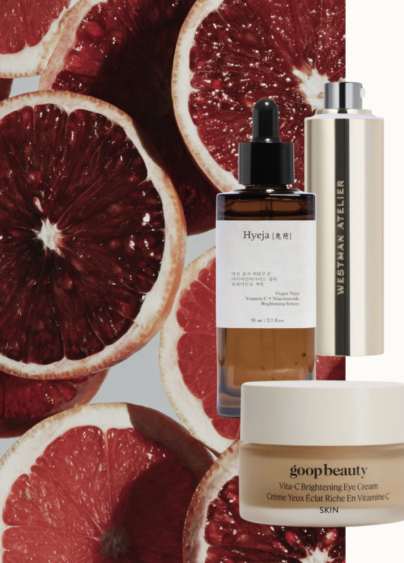 Kollage med bild på citrus och tre skönhetsprodukter som innehåller c-vitamin.