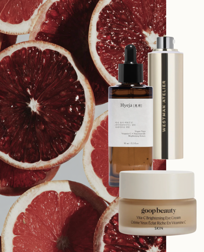 Kollage med bild på citrus och tre skönhetsprodukter som innehåller c-vitamin.