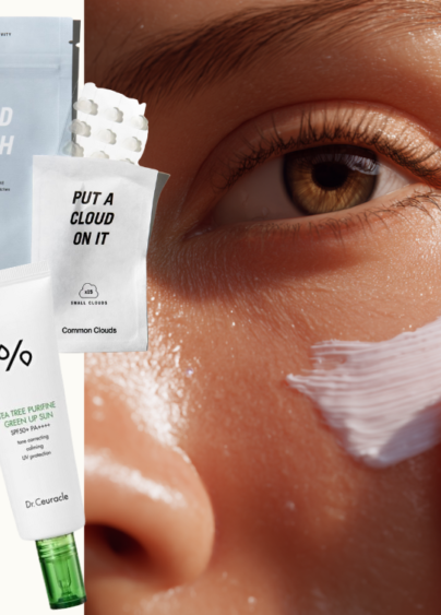 Kollage med kvinna som smörjer sig med en kräm i ansiktet tillsammans med produkter som motverkar finnar.