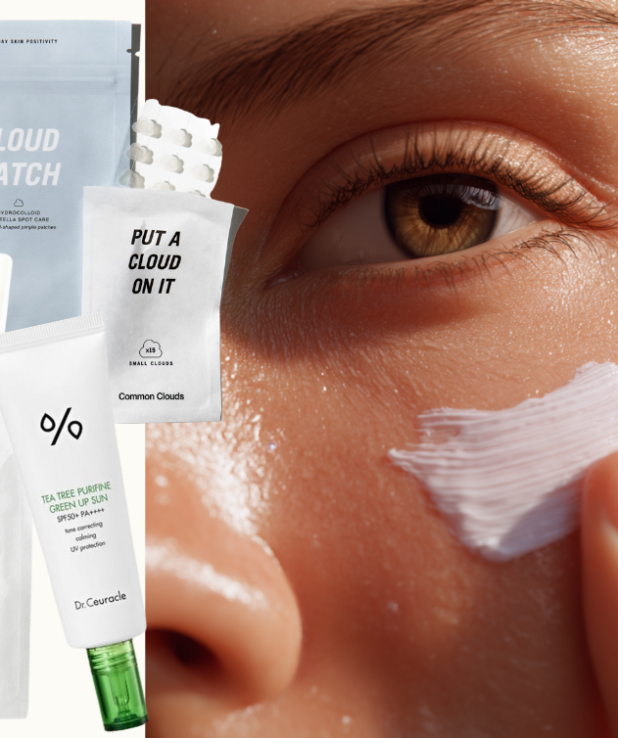 Kollage med kvinna som smörjer sig med en kräm i ansiktet tillsammans med produkter som motverkar finnar.