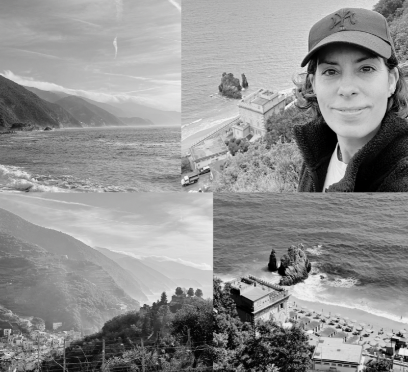 Kollage med svartvita bilder från Italien och en selfie på Nina Campioni framför ett stup med en vacker bakgrund över havet.