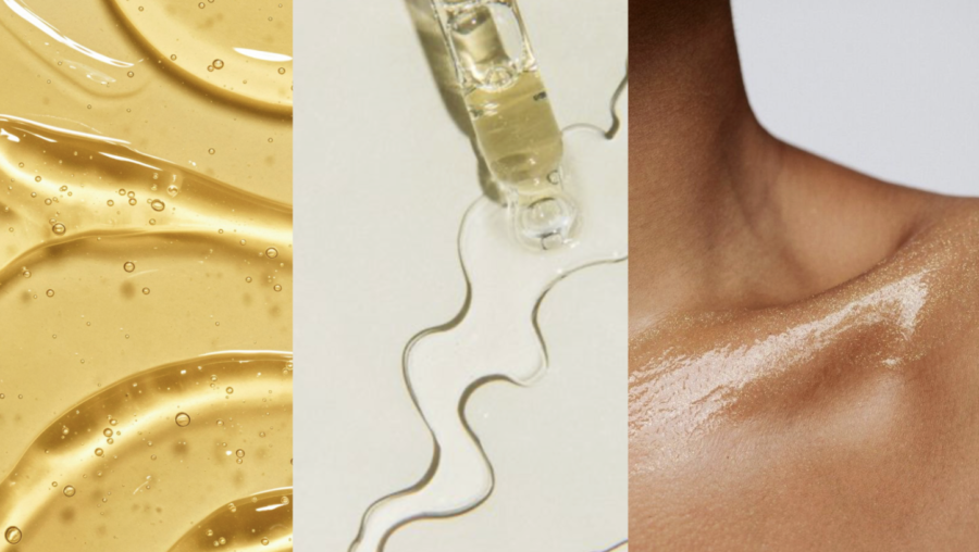 Kollage med bilder på kroppsoljor.