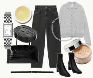 Kollage med grå barreljeans som bas. I kollaget finns också en silverfärgad klocka med rektangulär urtavla, All around kräm, doft i krämform, halskedja i silver, svart väska i crockoskinn, löspuder, svarta ankelboots, smalt bälte och en ljusgrå, långärmad tröja med skjortkrage i kashmir.