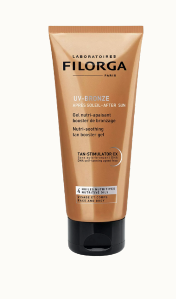 Bronsfärgad tub med svart kork. UV Bronze After Sun Gel från Filorga.