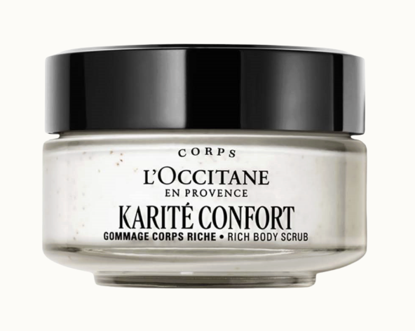 Bodyscrub från Loccitane. Vit burk med svart lock.