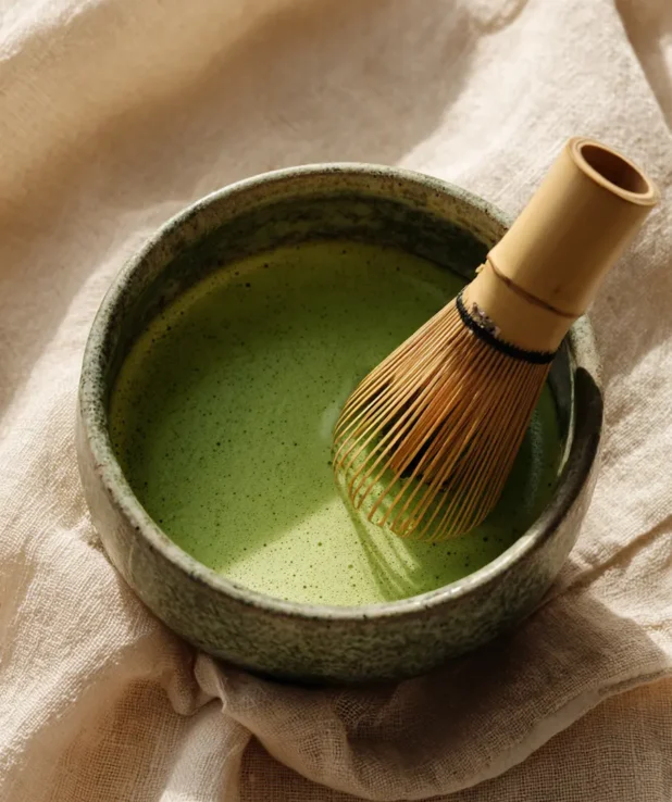 En matchaskål med en matchavisp i.