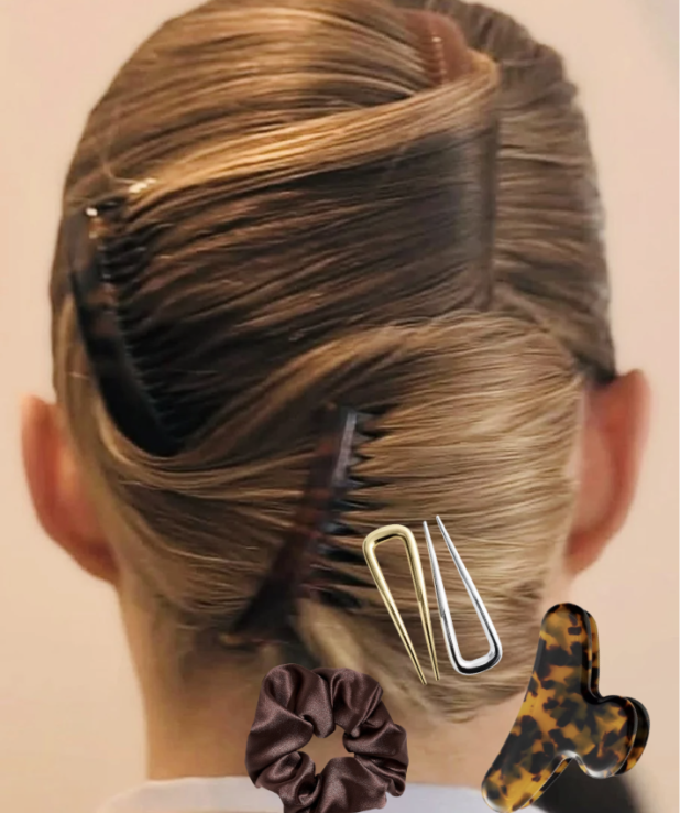 Håruppsättning fotad bakifrån med produkter frilagda framför