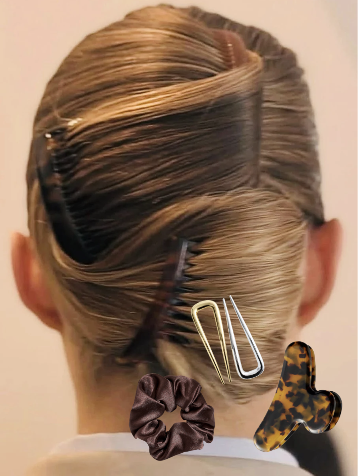 Håruppsättning fotad bakifrån med produkter frilagda framför