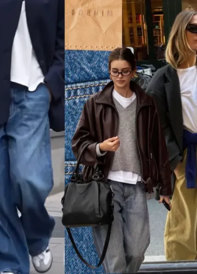 Kollage med denimtema. Olika tjejer i barreljeans.