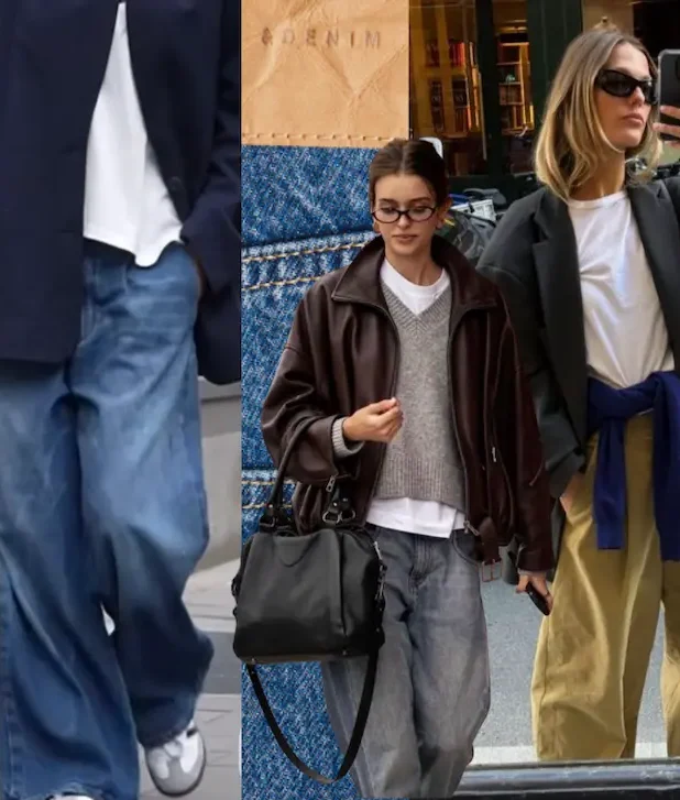 Kollage med denimtema. Olika tjejer i barreljeans.