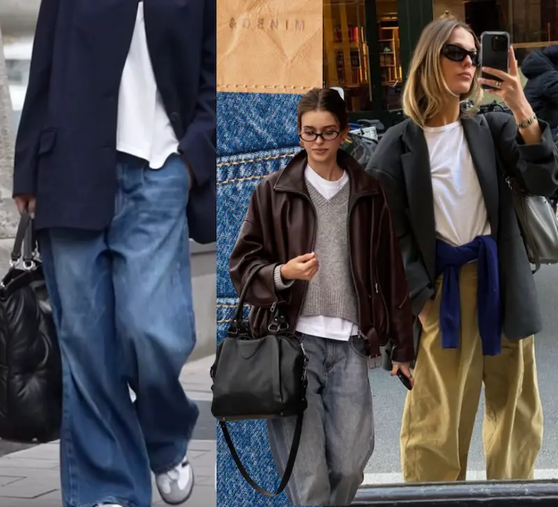 Kollage med denimtema. Olika tjejer i barreljeans.