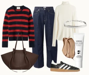 Kollage med mörkblå barreljeans som bas. I kollaget ingår även en blå och röd randig kashmirtröja, en tunn, vit polotröja, en silverfärgad ring med en liten diamant, en brun väska i större modell, en dagkräm med glow och svarta, nätta sneakers med vita ränder.