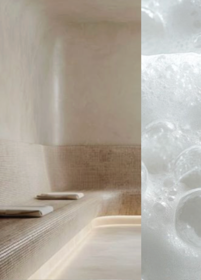 Bild på ett minimalistiskt spa med ljusbrun/beige sten och platsbyggda bänkar.