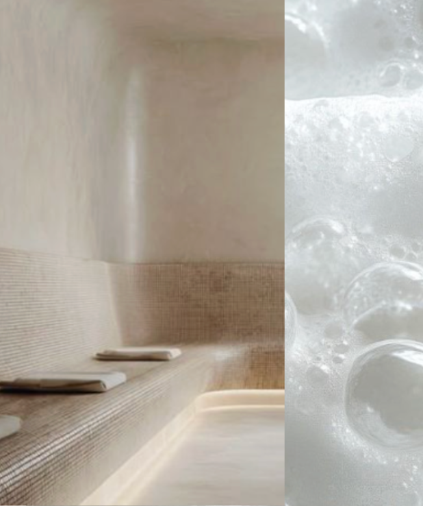 Bild på ett minimalistiskt spa med ljusbrun/beige sten och platsbyggda bänkar.