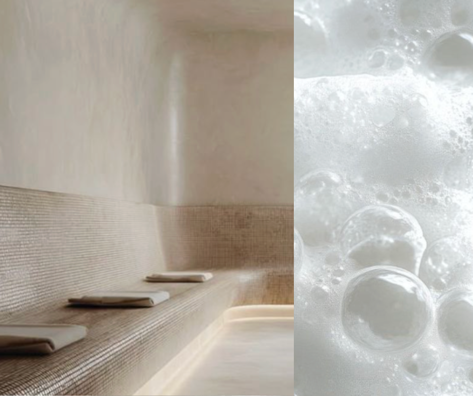 Bild på ett minimalistiskt spa med ljusbrun/beige sten och platsbyggda bänkar.