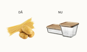 spagettis, potatis och matlådor i glas med trälock.