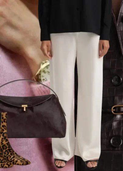 Kollage med plagg och accessoarer som gör en minimalistisk look roligare: Mönstrade boots, väska i pony hair, skinnrock, sidenbyxor och färgglad kashmirtröja.