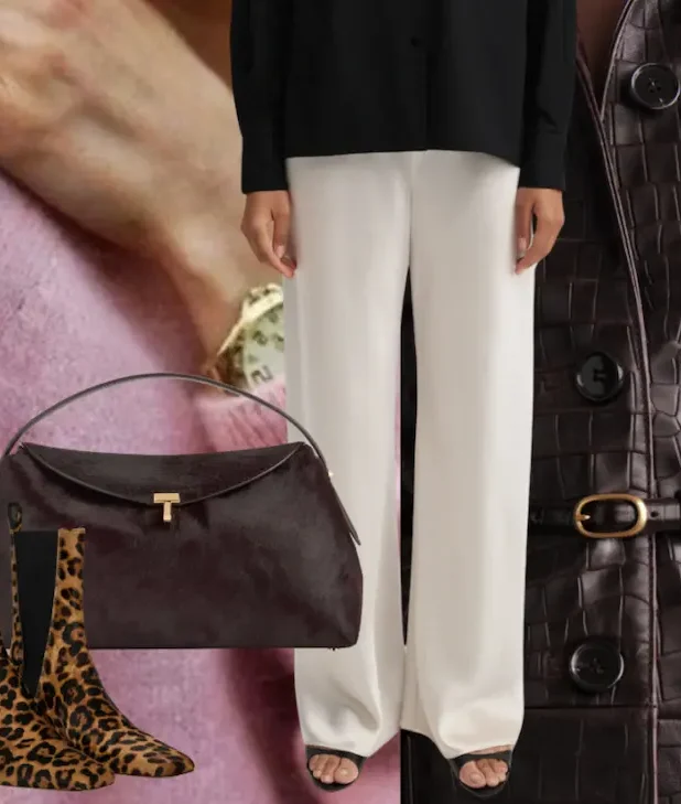 Kollage med plagg och accessoarer som gör en minimalistisk look roligare: Mönstrade boots, väska i pony hair, skinnrock, sidenbyxor och färgglad kashmirtröja.