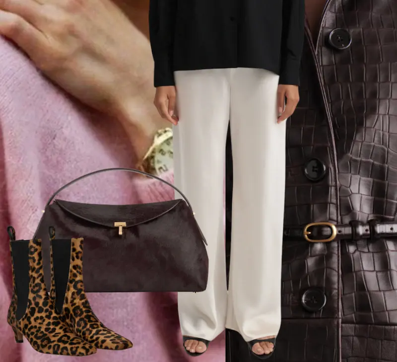 Kollage med plagg och accessoarer som gör en minimalistisk look roligare: Mönstrade boots, väska i pony hair, skinnrock, sidenbyxor och färgglad kashmirtröja.