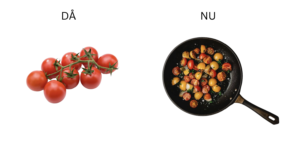 Råa tomater och tomater som stekts i stekpanna.