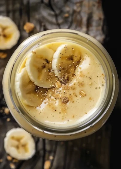 smoothie med bananskivor ovanpå, fotad mot ett rustikt, träbord.