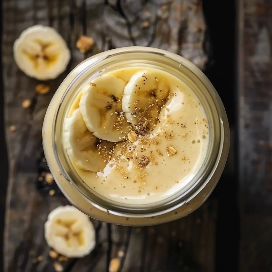 smoothie med bananskivor ovanpå, fotad mot ett rustikt, träbord.