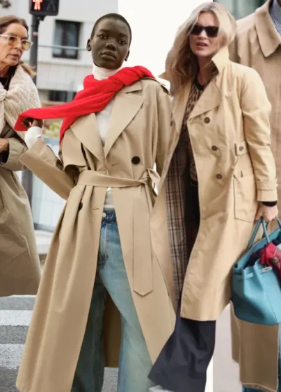 Kollage med kvinnor i beige trenchcoats.