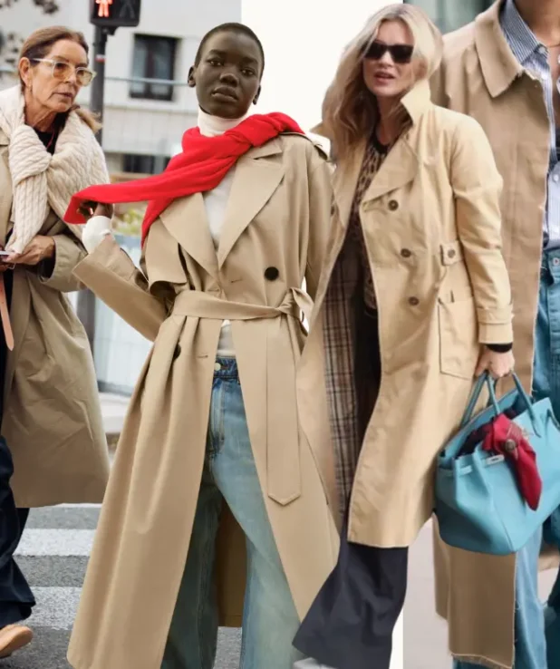 Kollage med kvinnor i beige trenchcoats.