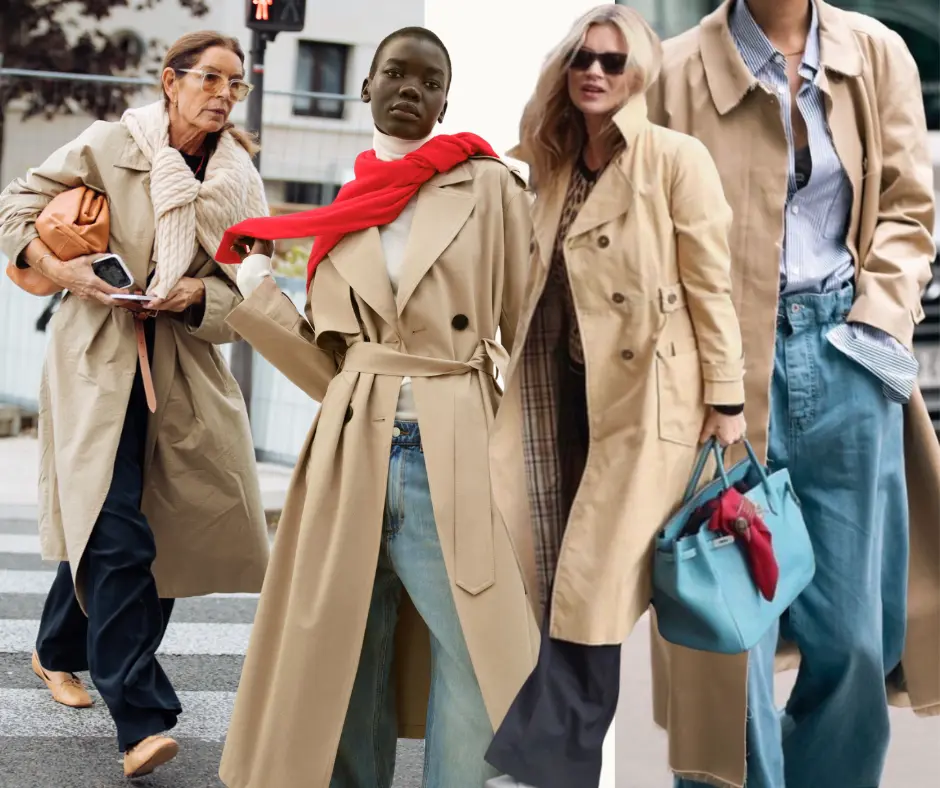 Kollage med kvinnor i beige trenchcoats.